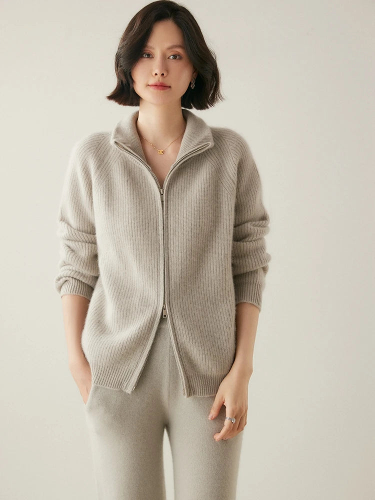 Women’s English rib cashmere cardigan in Pale Silver with zip front and raglan sleeves — From Borcelleclothes.