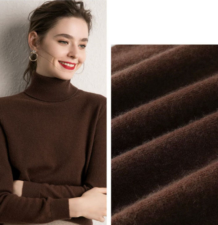 Collage featuring a model wearing the women's Alashan cashmere turtleneck sweater in Congo Brown, showcasing its elegant slim fit and soft texture, paired with the fabric's undulating folds to highlight its luxurious quality, Borcelleclothes.