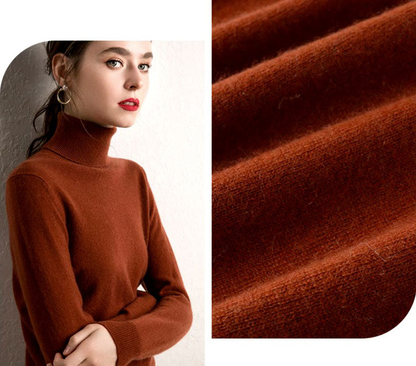 Collage featuring a model wearing the women's Alashan cashmere turtleneck sweater in Cumin, showcasing its elegant slim fit and soft texture, paired with the fabric's undulating folds to highlight its luxurious quality, Borcelleclothes.