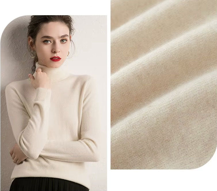 Collage featuring a model wearing the women's Alashan cashmere turtleneck sweater in Pearl Bush, showcasing its elegant slim fit and soft texture, paired with the fabric's undulating folds to highlight its luxurious quality, Borcelleclothes.