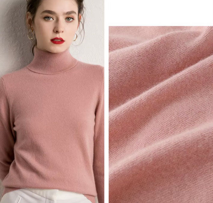 Collage featuring a model wearing the women's Alashan cashmere turtleneck sweater in Petite Orchid, showcasing its elegant slim fit and soft texture, paired with the fabric's undulating folds to highlight its luxurious quality, Borcelleclothes.