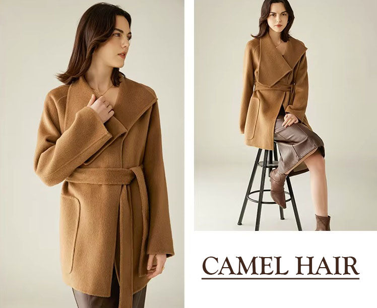 Collage of the Women's Asymmetrical Camel Hair Coat in Bourbon, featuring a model touching the lapel and sitting in a chair, emphasizing its refined structure and elegant styling. From Borcelleclothes.
