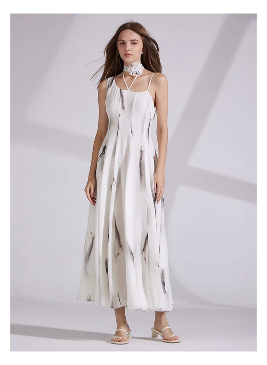 Women's asymmetrical silk georgette dress in platinum with artistic monochrome brushstrokes, featuring a one-shoulder neckline, neck flower accent, and subtle flared panel construction. From Borcelleclothes.
