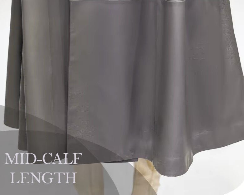 Women's Avant-Garde Wrap Coat in Monsoon. Lower section showcasing the fluid movement of the premium sheepskin leather. Borcelleclothes.