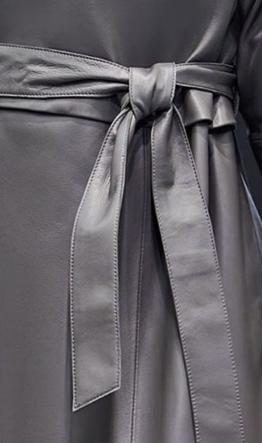 Women's Avant-Garde Wrap Coat in Monsoon. Close-up of the adjustable belt cinching the waist, emphasizing the sculptural silhouette. Borcelleclothes.