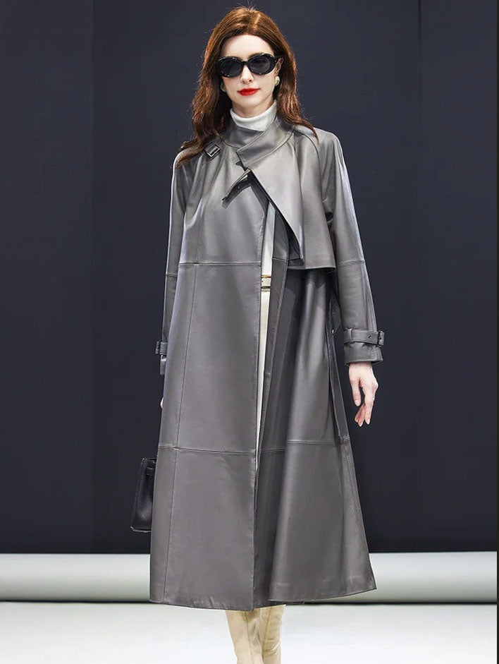 Women's Avant-Garde Wrap Coat in Monsoon, styled without the belt for a more relaxed yet sophisticated silhouette. Borcelleclothes.