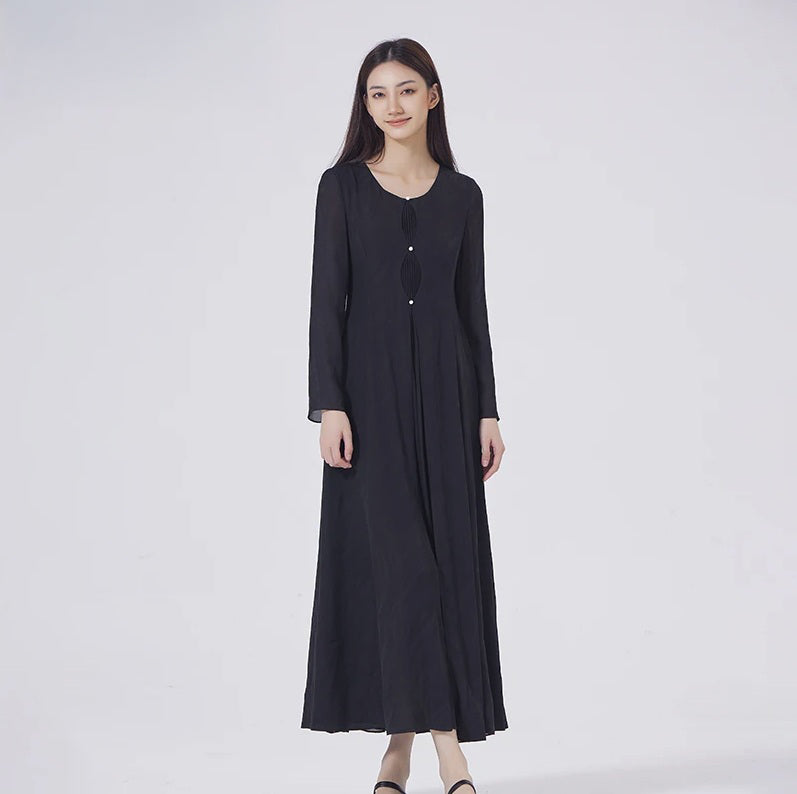Women's silk jacquard dress in Baltic Sea, featuring a curved front panel and inset pleated details. From Borcelleclothes.