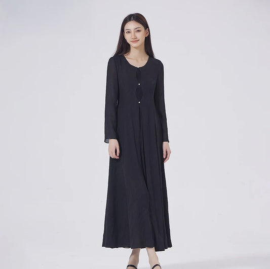 Women's silk jacquard dress in Baltic Sea, featuring a curved front panel and inset pleated details. From Borcelleclothes.