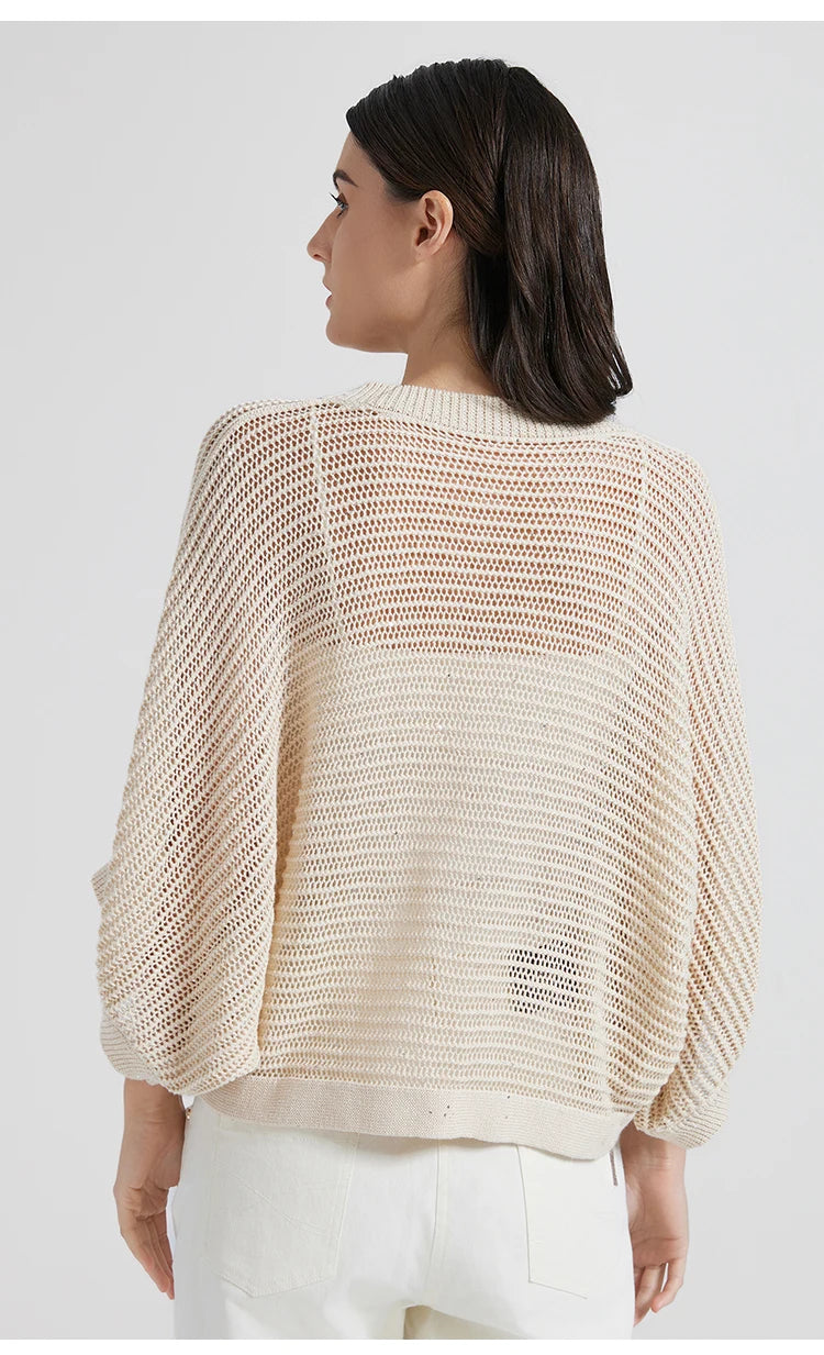 Back view of the Spring Wood batwing linen mesh top, revealing the open texture and softly gathered ribbed hem. From Borcelleclothes.