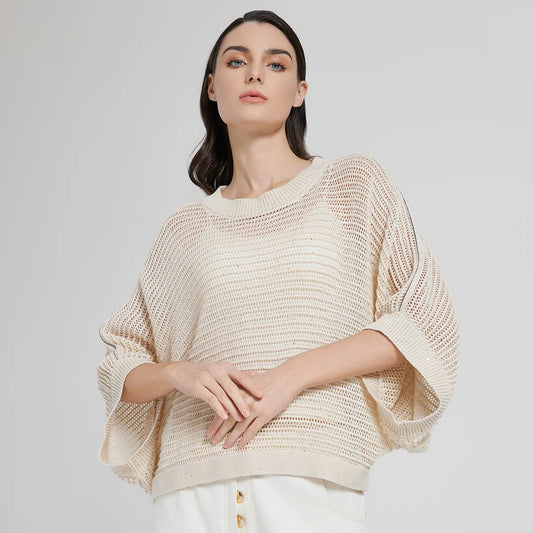 Women's batwing linen mesh top in Spring Wood, featuring openwork knit and wide ribbed trims, styled with soft natural light. From Borcelleclothes.