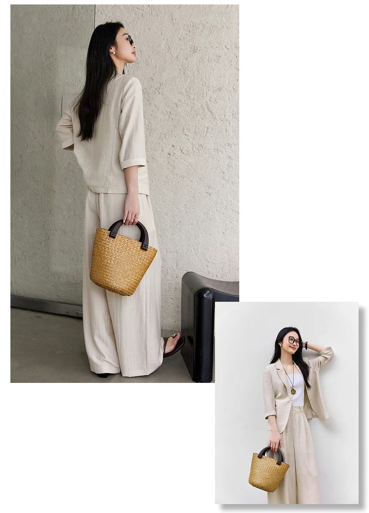 Front and back collage of the model in the Bon Jour two-piece set, displaying full silhouette and relaxed fit. From Borcelleclothes.