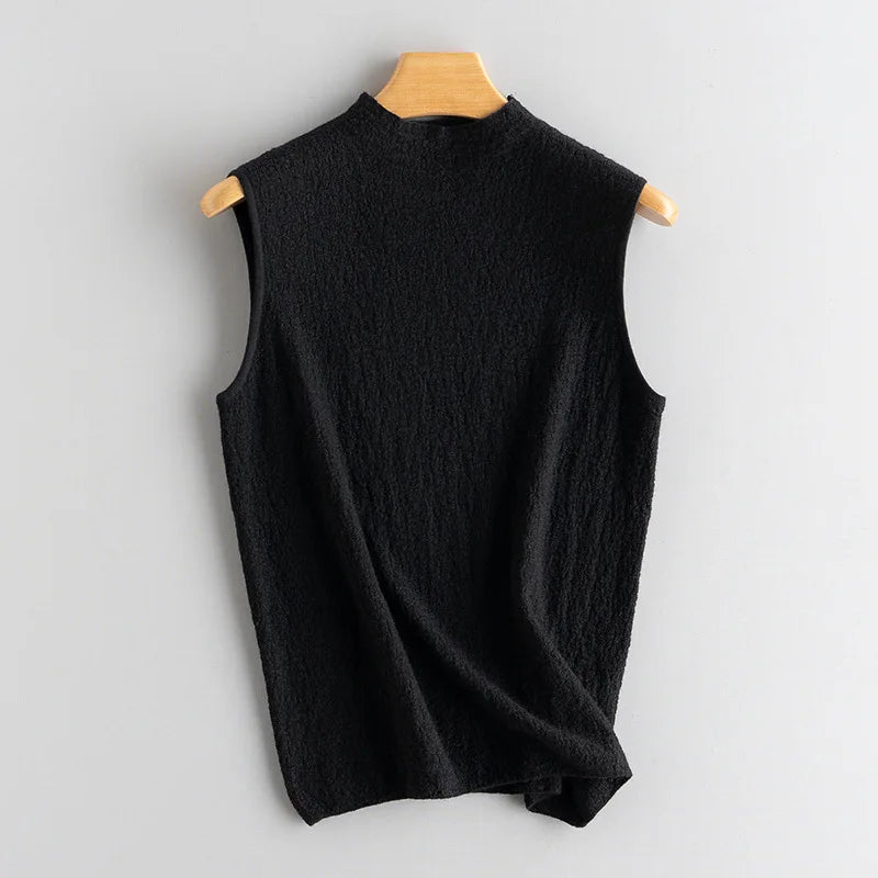 Women's Bouclé cashmere sleeveless top in a slim silhouette with mock neck, shown in Onyx — From Borcelleclothes.