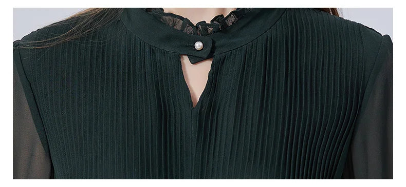 Detailed view of front pintucks forming a soft bra shape on the Lunar Green silk dress. From Borcelleclothes.