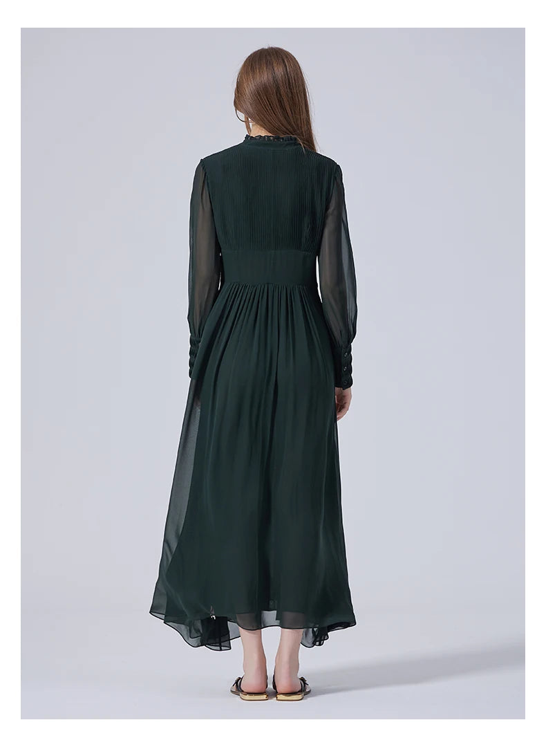 Back view of the Lunar Green silk dress with gently gathered skirt and long vertical pintucks. From Borcelleclothes.