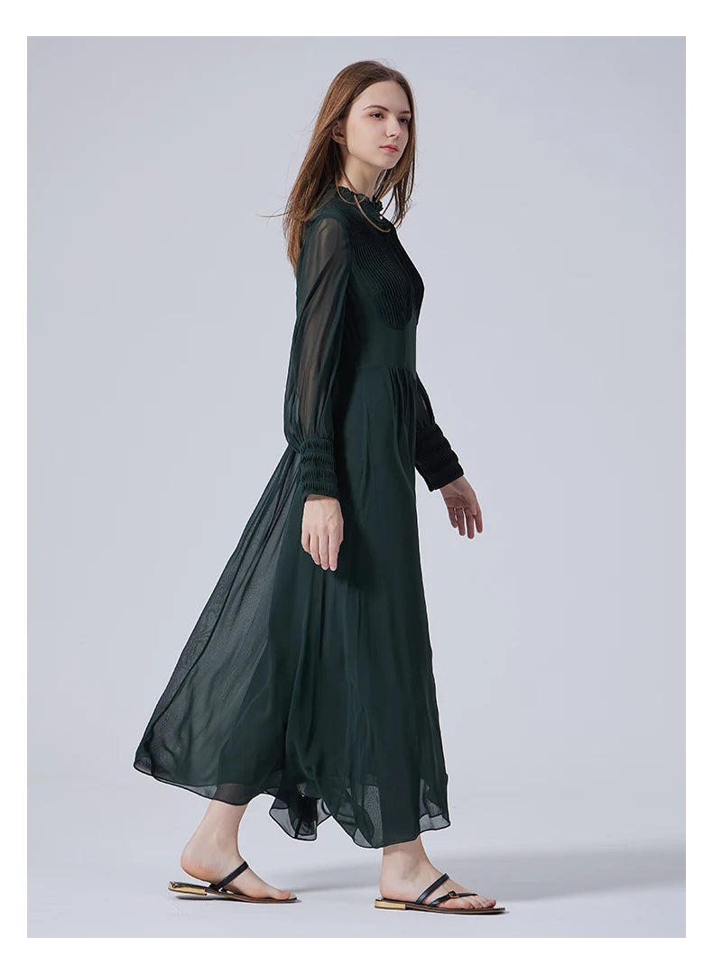 Full side view of the Lunar Green silk dress, highlighting the curved waistline and flowing fabric. From Borcelleclothes.