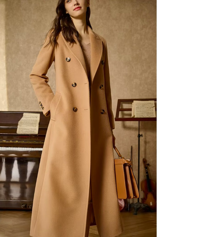 Model wearing the Women's Cashmere Blend Long Coat in Clay Brown, holding a bag, and demonstrating its versatile and elegant style. From Borcelleclothes.