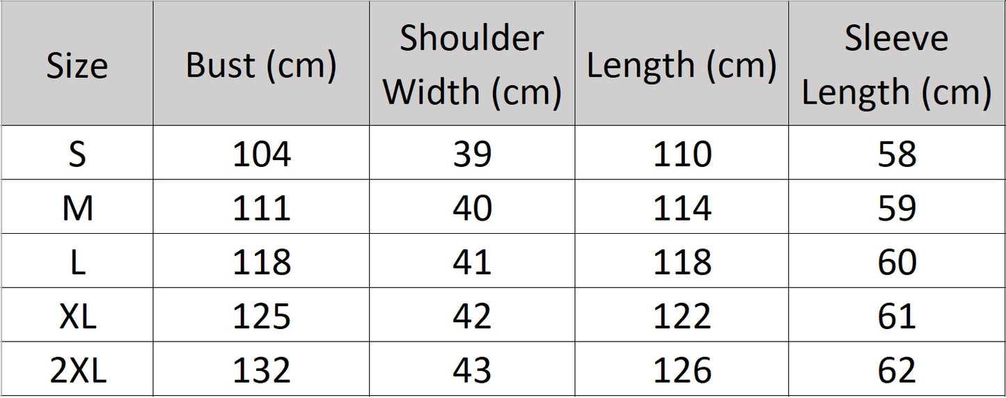 Women's size chart for a Cashmere Blend Long Coat, featuring a minimalist double-breasted front, princess seamings at the back, and a center back vent, crafted from a luxurious blend of Mongolian cashmere and high-count wool for modern elegance and comfort. From Borcelleclothes.