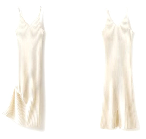 Front and back draping of a Women's Cashmere Midi Dress in Merino, showcasing its ribbed cashmere texture and dual V-neck design. From Borcelleclothes.