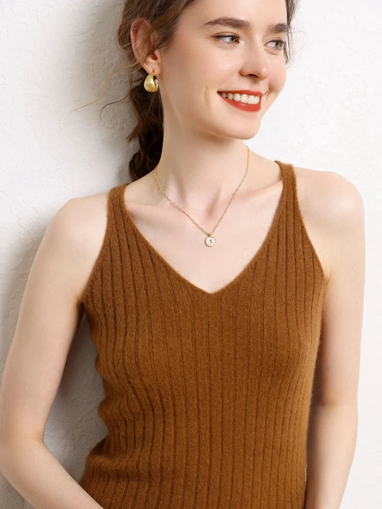 The upper part of a Women's Cashmere Midi Dress in Sienna, featuring wide ribbing and a refined V-neckline. From Borcelleclothes.