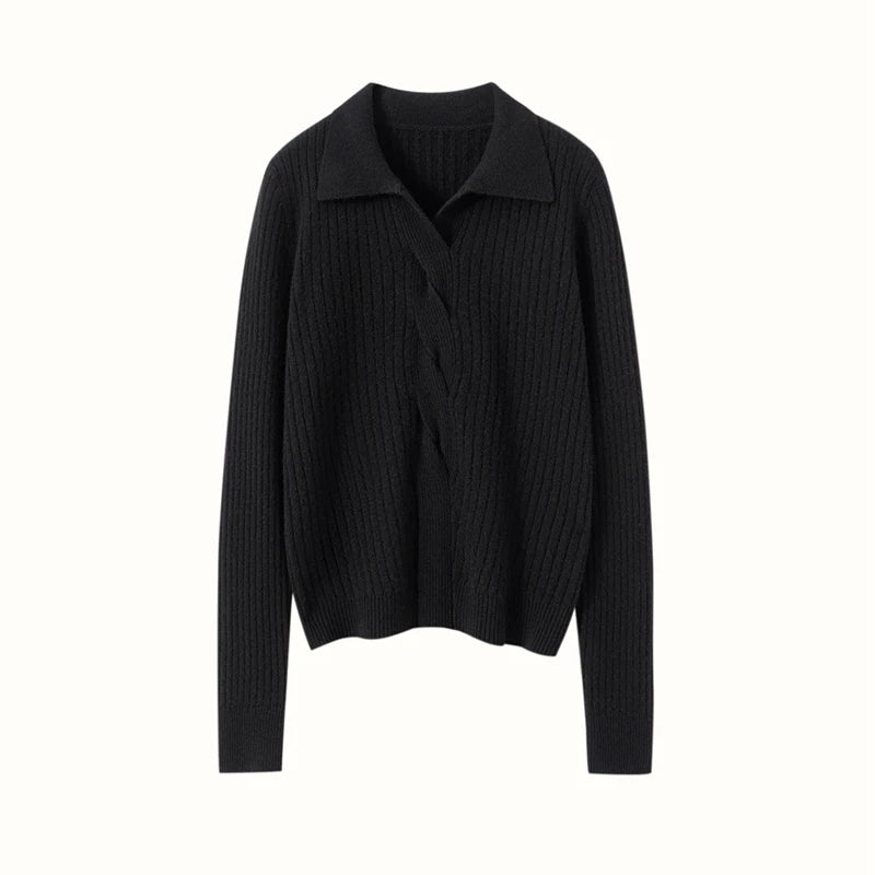 Women’s cashmere sweater in Onyx, featuring a graphic 4×2 rib, polo-style collar, and braided front detail — From Borcelleclothes.