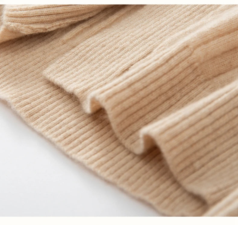 Bottom hem detail of women’s cashmere rib sweater in Pale Taupe — From Borcelleclothes.