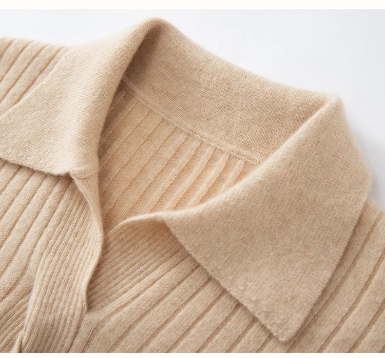 Collar detail of women’s cashmere rib sweater in Pale Taupe — From Borcelleclothes.