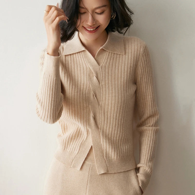 Women’s cashmere sweater in Pale Taupe, featuring a graphic 4×2 rib, polo-style collar, and braided front detail — From Borcelleclothes.