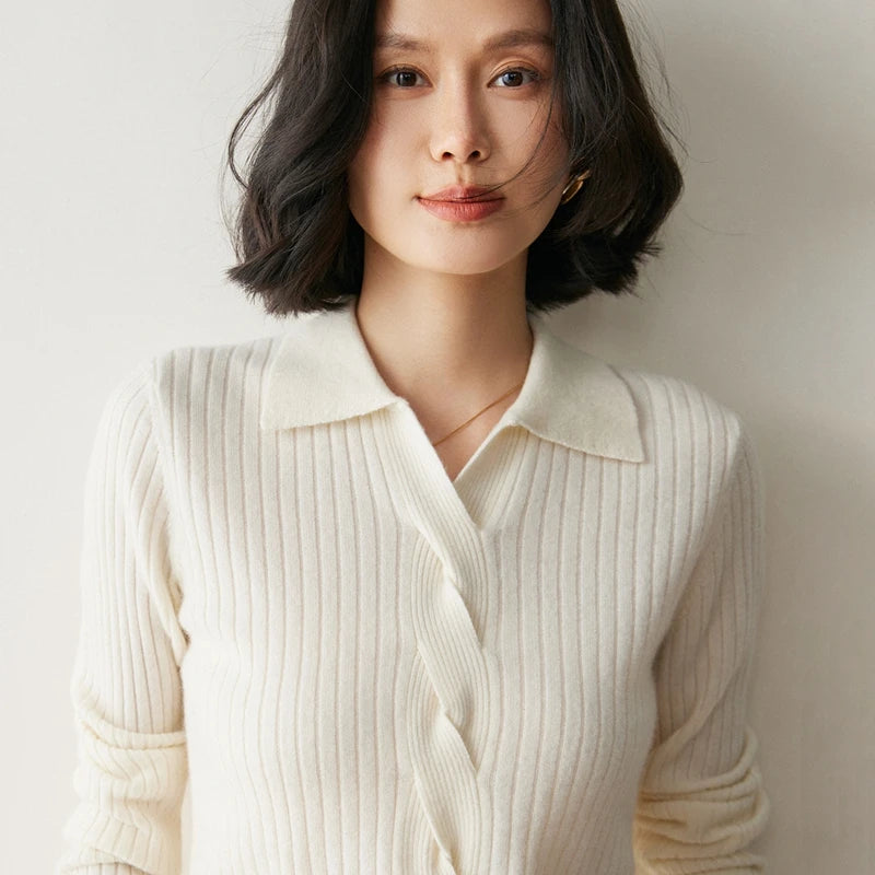 Women’s cashmere sweater in Pearl Bush, featuring a graphic 4×2 rib, polo-style collar, and braided front detail — From Borcelleclothes.