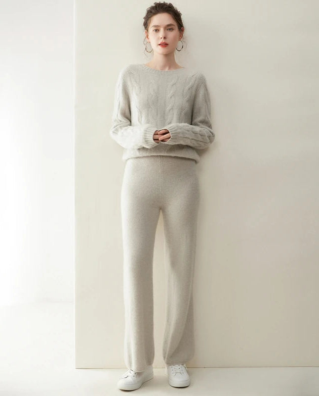 Women's cashmere set with two-strand cable knit in Cloud — From Borcelleclothes.