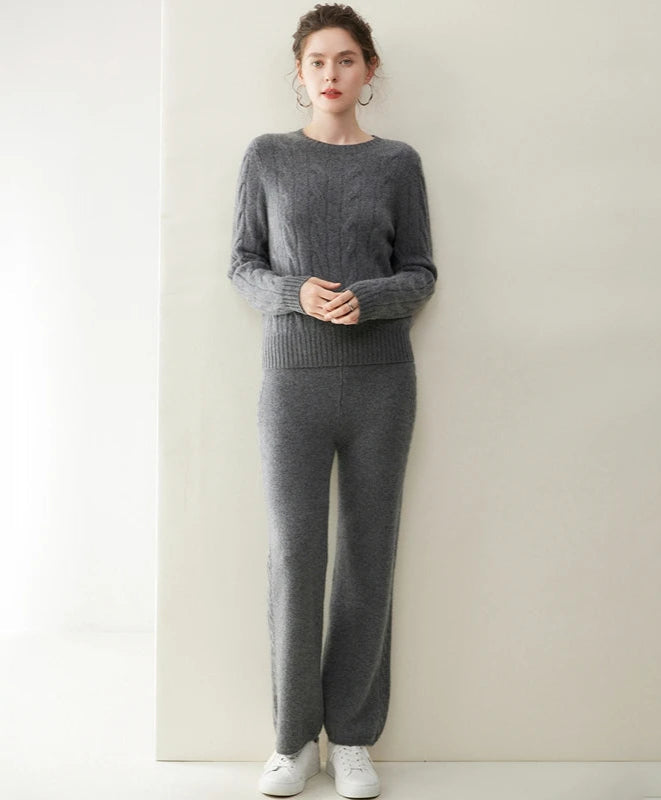 Women's cashmere set with two-strand cable knit in Davy Grey — From Borcelleclothes.
