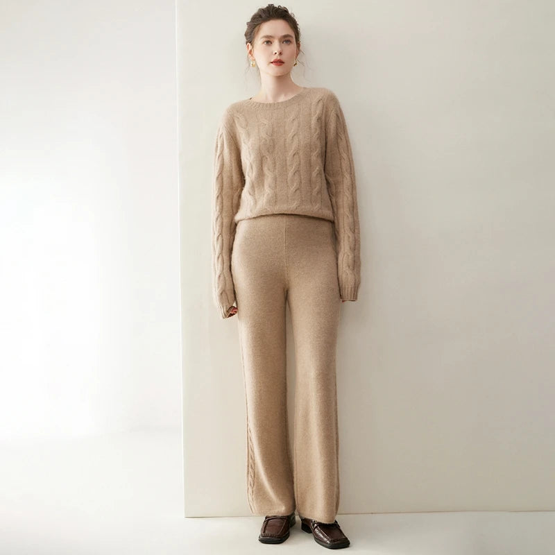 Women's cashmere set with two-strand cables in Pale Taupe, model with arms relaxed straight down — From Borcelleclothes.
