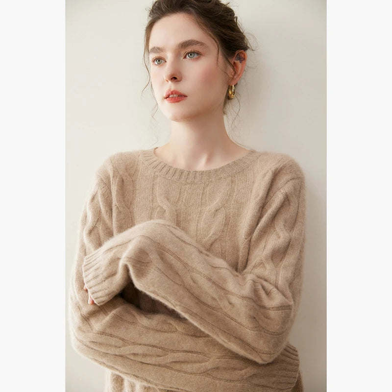 Women's cashmere set with two-strand cables in Pale Taupe, model wearing the sweater — From Borcelleclothes.