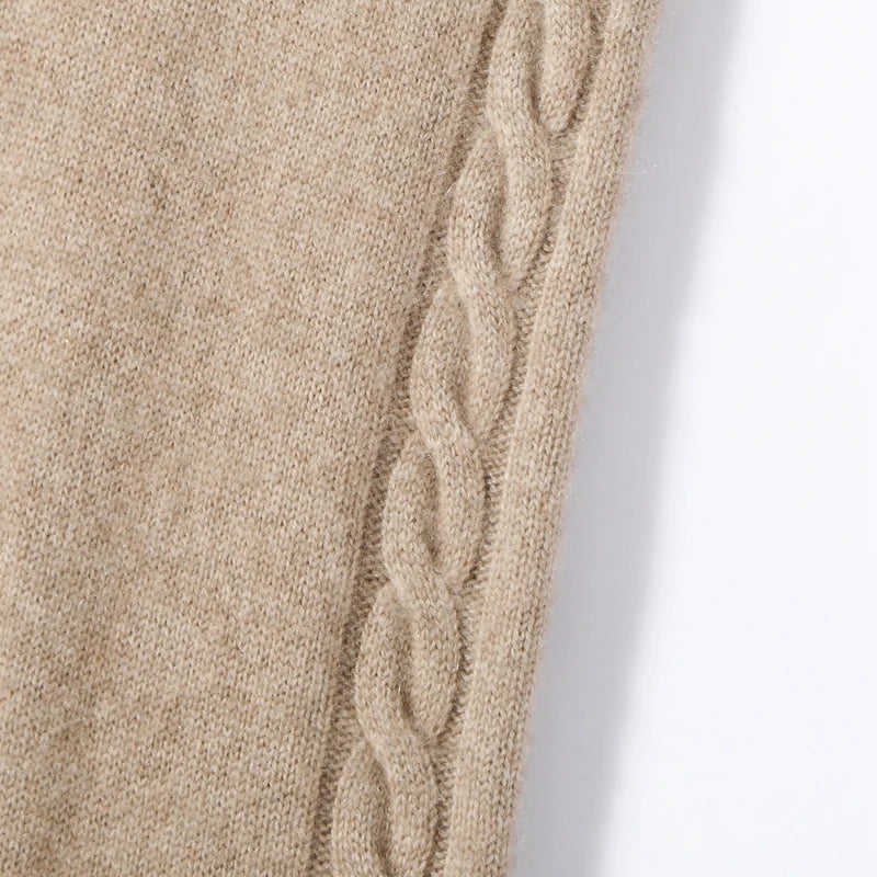 Women's cashmere pants in Pale Taupe, side two-strand cable detail — From Borcelleclothes.