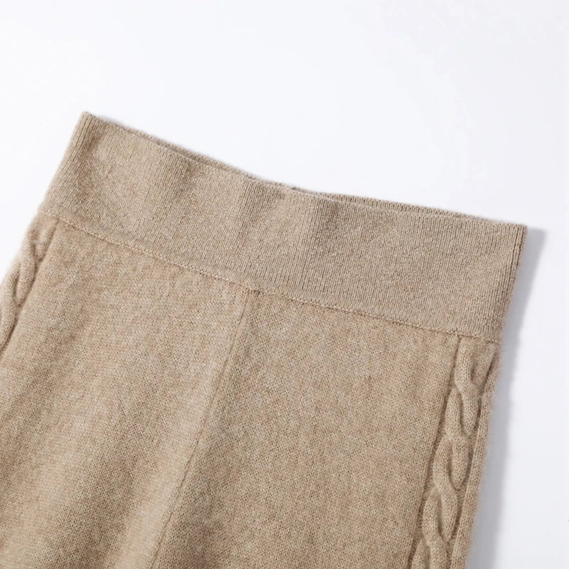 Women's cashmere pants with two-strand cables in Pale Taupe, upper part detail — From Borcelleclothes.