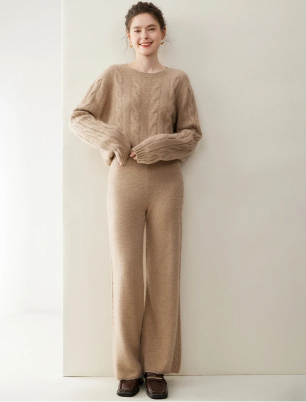 Women's cashmere set with two-strand cable knit in Pale Taupe — From Borcelleclothes.