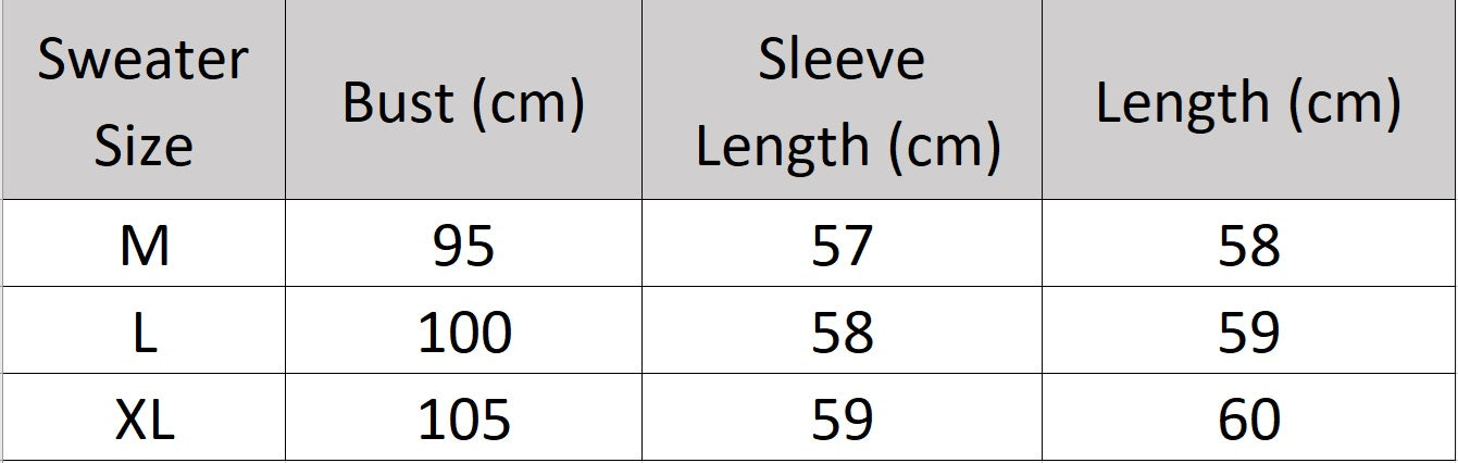 Women's size chart for a sweater of a cashmere set with two-strand cable knit — From Borcelleclothes.