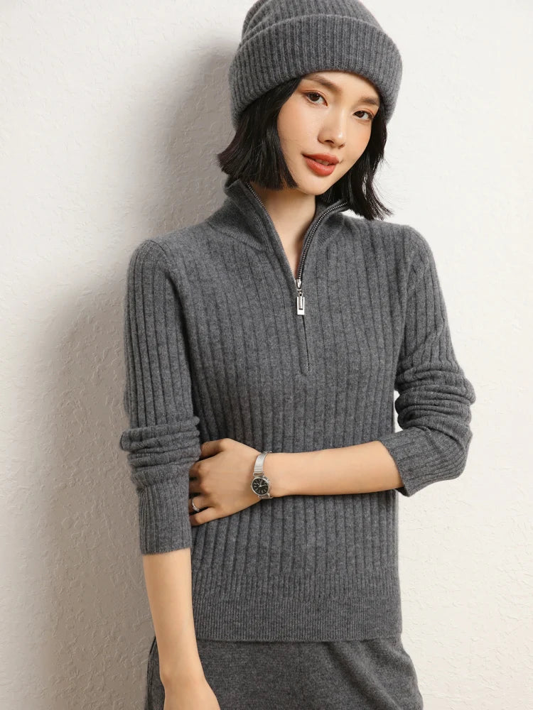 Women’s cashmere half-zip sweater in Davy Grey, featuring shifting rib textures, with stand collar and sculpted finish at hem and cuffs — From Borcelleclothes.