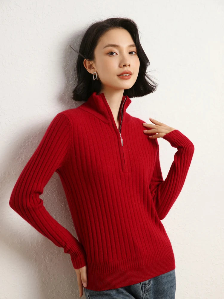 Model resting hand on shoulder in cashmere sweater in shifting ribs, Sangria — From Borcelleclothes.