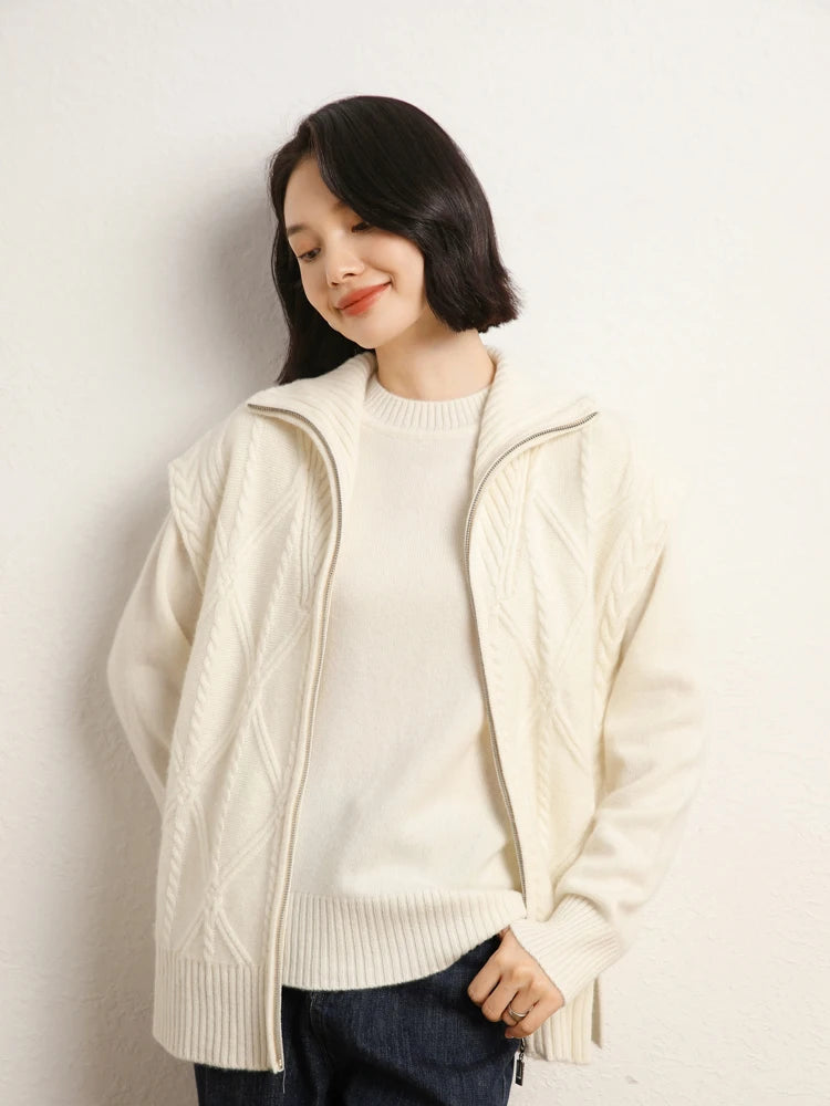 Woman in White Chocolate cashmere sweater styled with white cardigan – From Borcelleclothes.