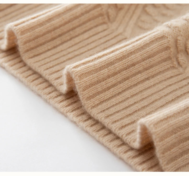 Bottom hem of Almond cashmere sweater with relaxed finish and softly structured knit — From Borcelleclothes.