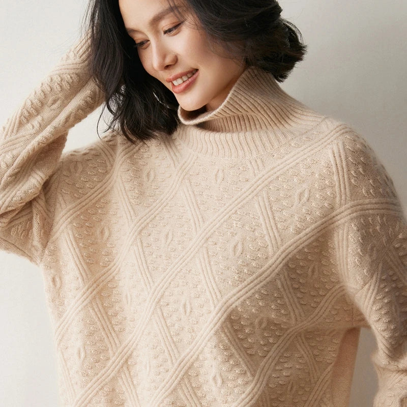 Women's Cashmere sweater in Almond, with diamond motif and embossed bobble stitches on the front and sleeves — From Borcelleclothes.