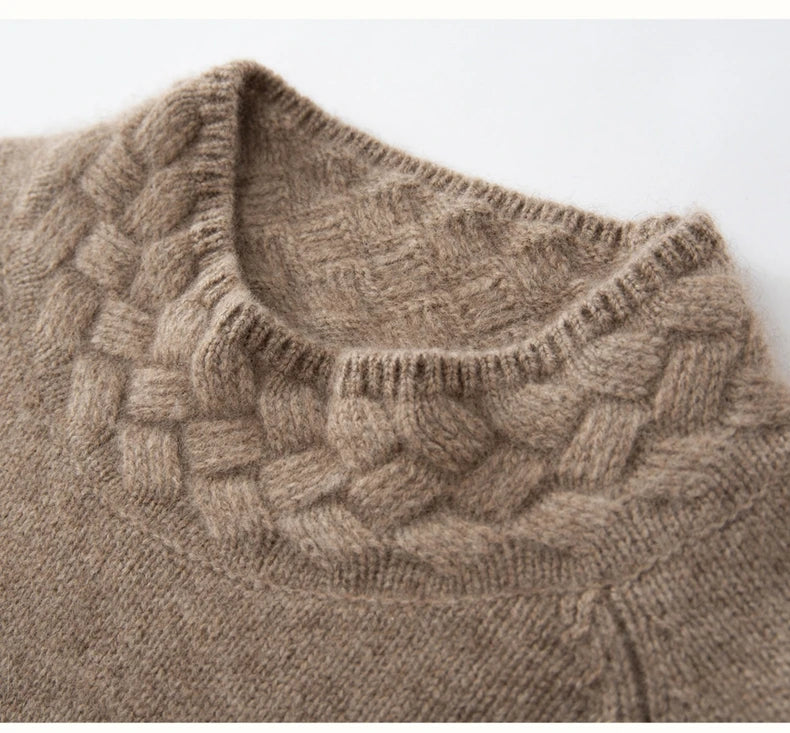 Cable-knit collar detail on Almond Frost cashmere sweater — From Borcelleclothes.