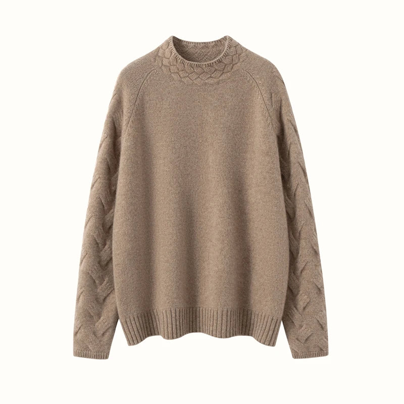 Front view of Almond Frost cashmere sweater draping softly — From Borcelleclothes.