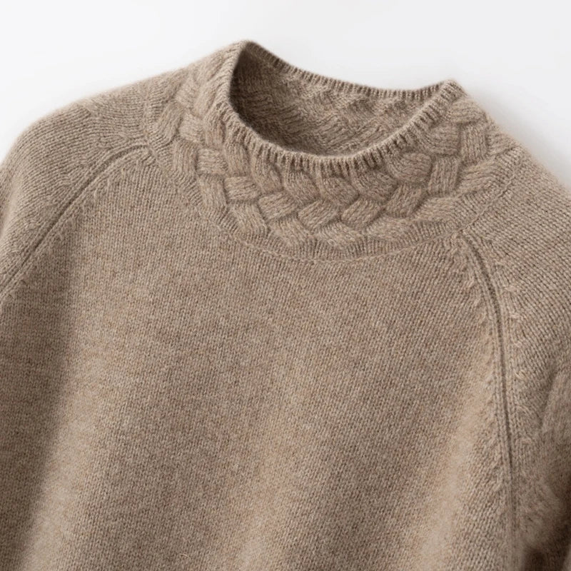 Upper part of Almond Frost cashmere sweater showing collar and shoulder weave — From Borcelleclothes.