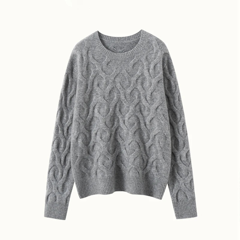 Women's Cashmere sweaterin Oslo Grey, with abstract heart relief, relaxed silhouette, crew neck, and ribbed finishes — available in four soft shades. From Borcelleclothes.