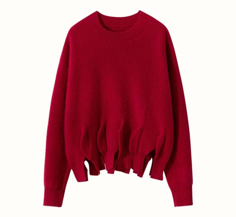 Front view of Red Devil cashmere sweater with sculpted waist and soft draping – From Borcelleclothes.