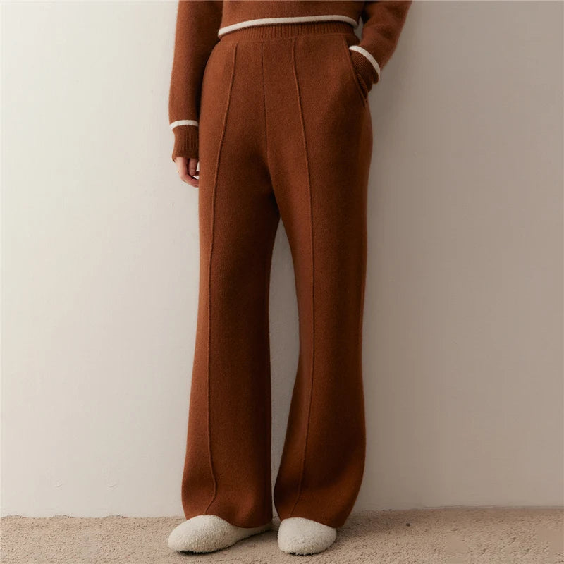 Women's Cashmere trousers in Russet, with tuck detail, hidden side pockets, and a ribbed waistband — From Borcelleclothes.