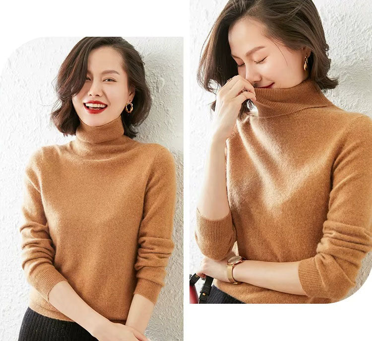 Collage of a model in two poses wearing the women's Alashan cashmere turtleneck sweater in Whiskey, highlighting its slim fit and luxurious texture, Borcelleclothes.