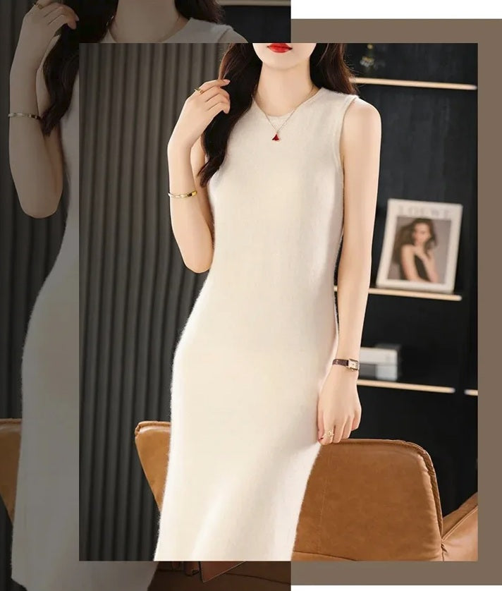 Collage with background composition of a woman in an Almond wool dress touching her hair. From Borcelleclothes.