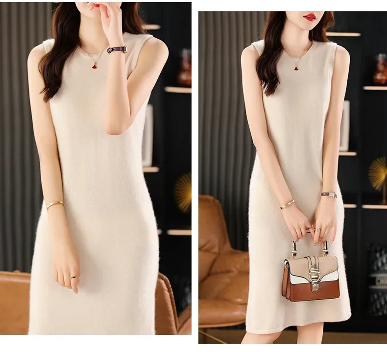 Collage of a woman in an Almond wool dress touching her lips and holding a bag. From Borcelleclothes.